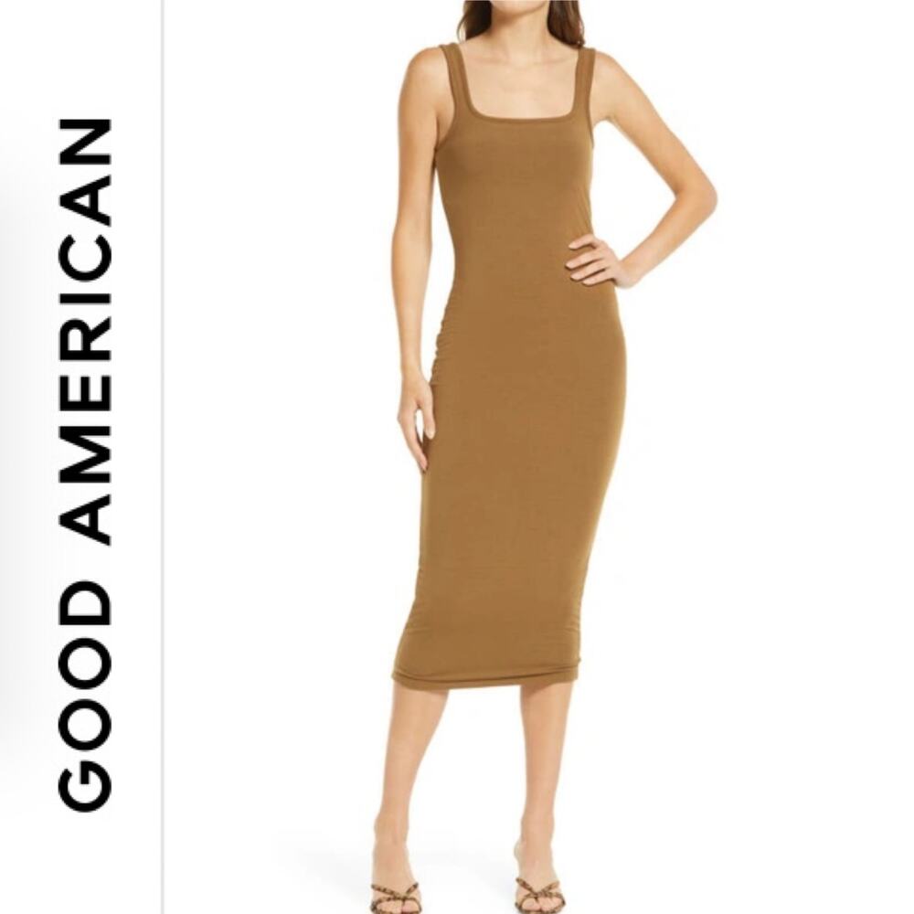 NWOT GOOD AMERICAN Scoop Neck Jersey Midi Dress Sepia Golden Brown Sz 3 / Large